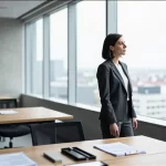 Kontemplative Frau in modernem minimalistischem Schweizer Büro
