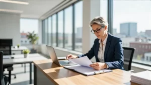 Modernes Büro mit Frau und Stadtpanorama