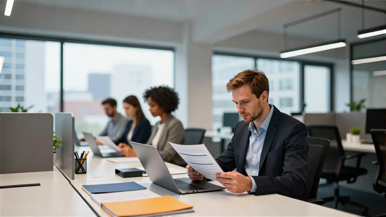 Modern Büro mit Fokus auf Buchhalter und Detailtiefe