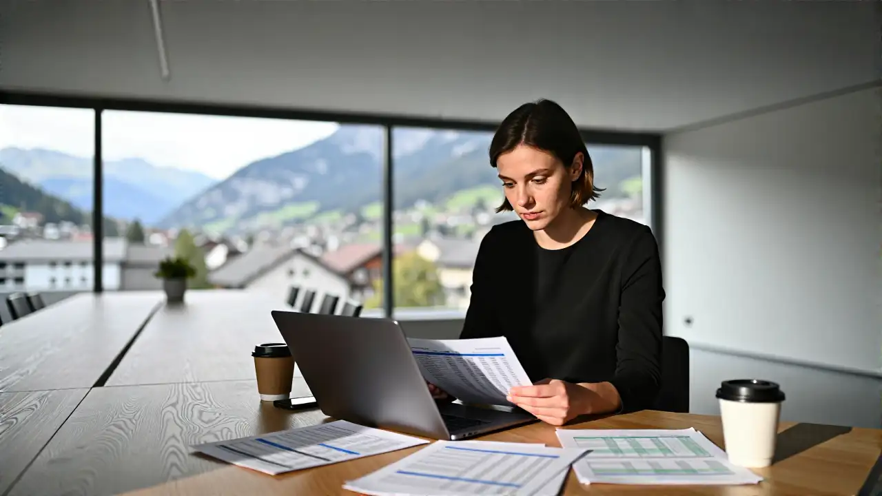 Minimalistische Büroszene mit Alpenpanorama und Businessfrau