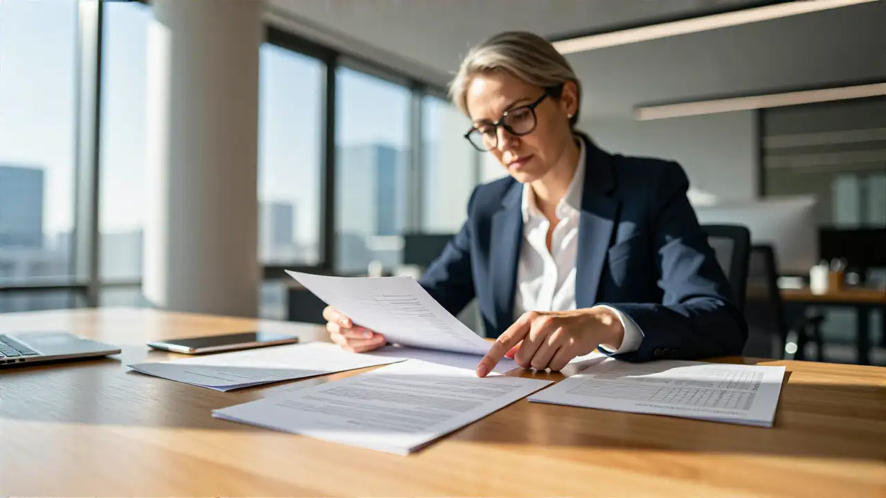 Schweizerin mit Dokumenten in modernem Büro