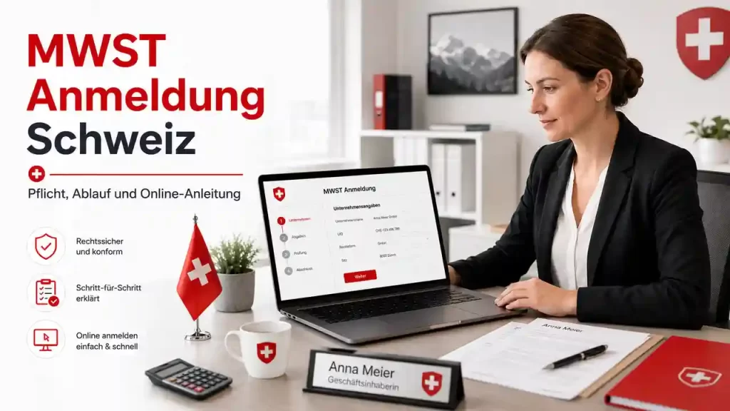 Checkliste visual para la MWST Anmeldung en Suiza con pasos de registro, umbral de facturación y documentos fiscales.
