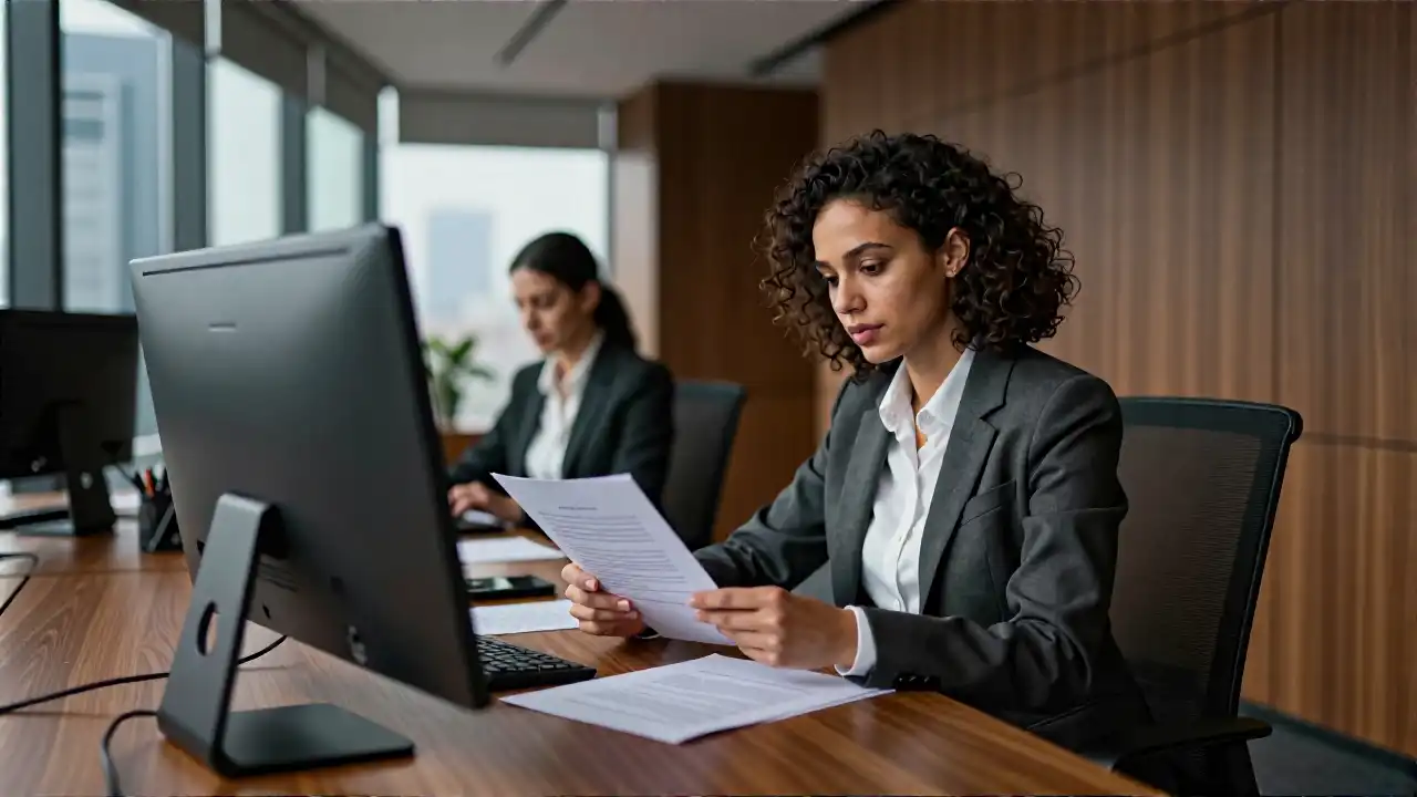 Realistischer Berater in modernem Luxusbüro bei Arbeit