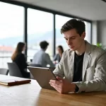Minimalist Büro: Mann am Tablet mit Stadtblick