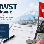 MWST Schweiz mit Rechnung, Taschenrechner, Schweizer Flagge und Übersicht zu Sätzen, Berechnung und Pflicht