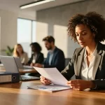 Elegantes Büro: Person arbeitet im warmen Licht