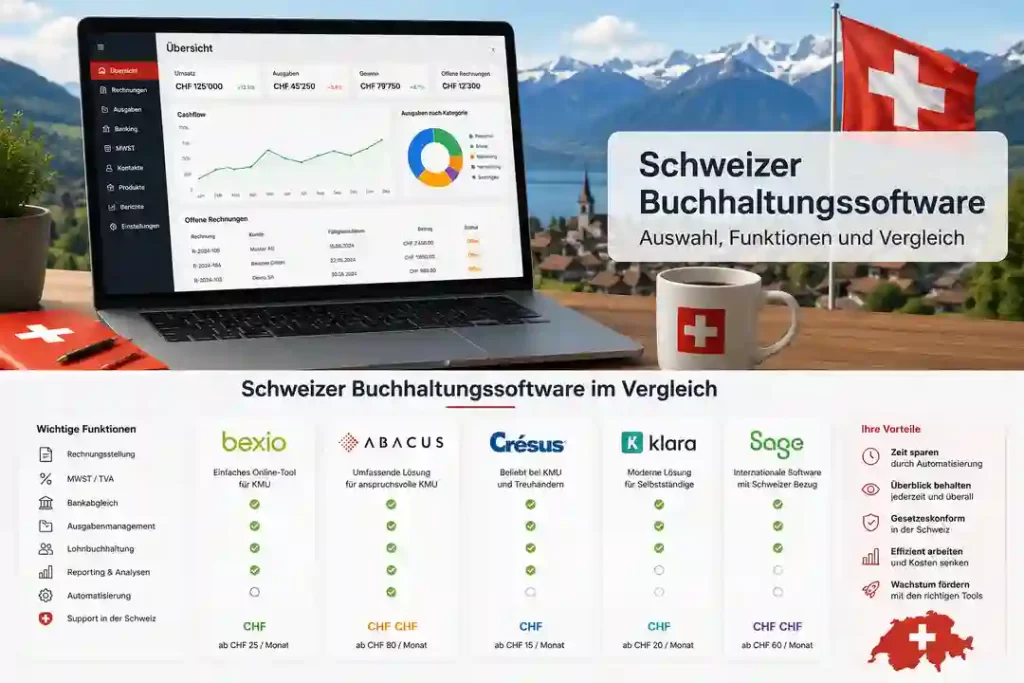 Schweizer Buchhaltungssoftware im Vergleich mit Laptop, Finanzdashboard, Funktionen und Schweizer Symbolen.