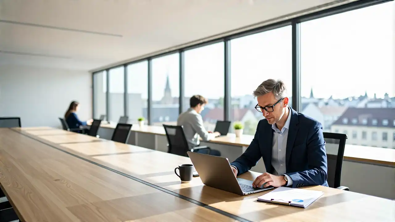 Minimalistisches Büro mit europäischer Stadtansicht und Gründer