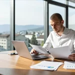 Junger Unternehmer arbeitet in hellem Zürcher Büro