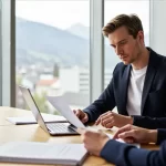 Junger Schweizer am Laptop in modernem Büro