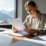 Realistische Aufnahme: Geschäftsfrau prüft Finanzen im Alpenstil
