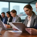 Professionelle Frau im modernen Büro mit Schweizer Skyline