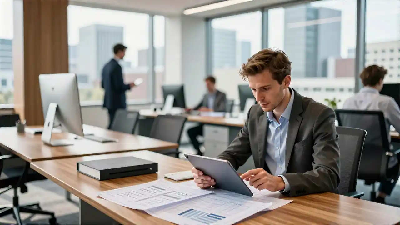 Professioneller in modernem Büro mit Stadtsilhouette