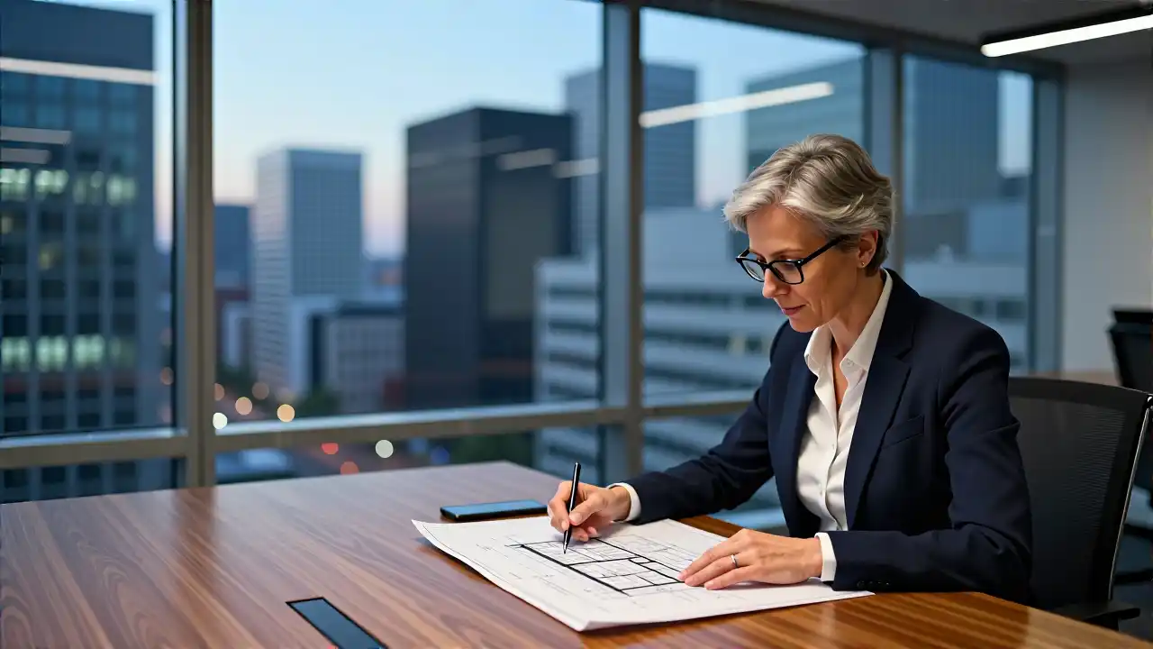 Modern Büro mit Frau und Stadtansicht am Abend