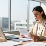 Professioneller im minimalistischen Büro mit Stadtpanorama