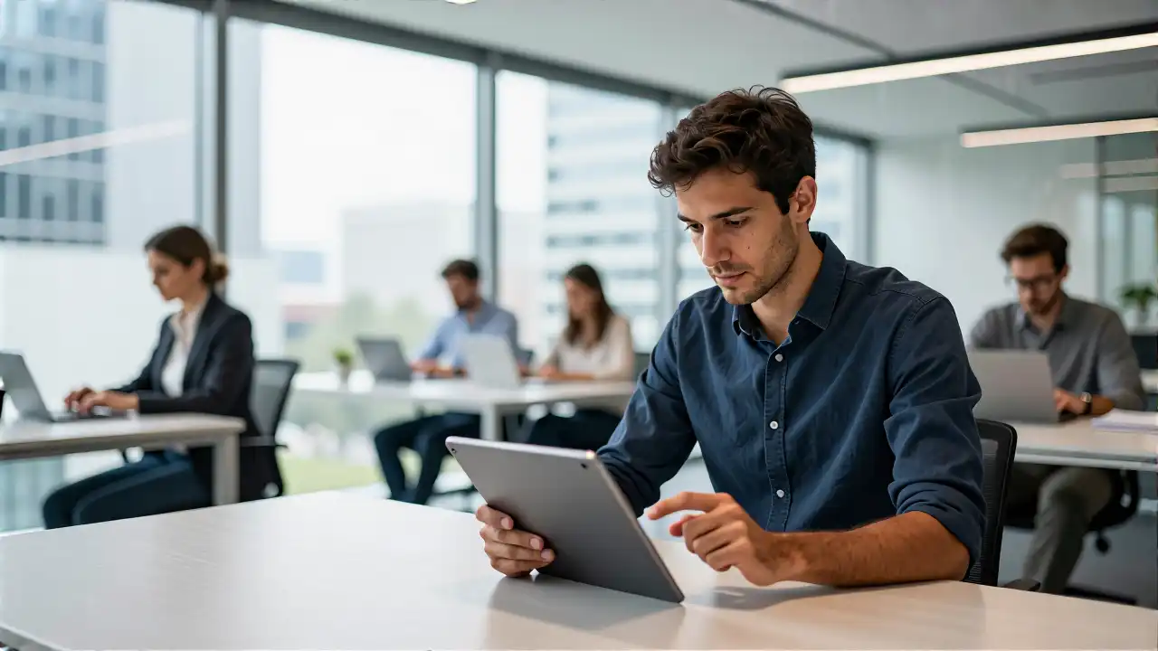 Professioneller Buchhalter in modernem Büro am Tablet arbeitet