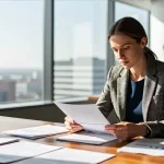 Hochdetaillierte Geschäftsfrau in modernem Bürolicht