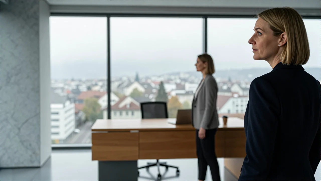 Minimalist Schweizer Büro mit Frau bei Morgenlicht