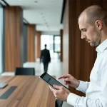 Minimalist Schweizer Büro mit Finanzberater und Architekturdetails