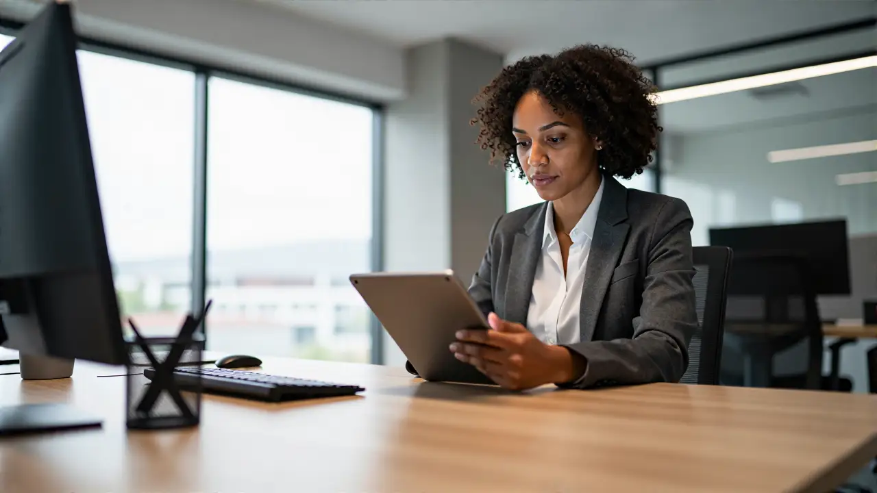 Modernes Büro: Frau prüft Daten in minimalistischer Architektur