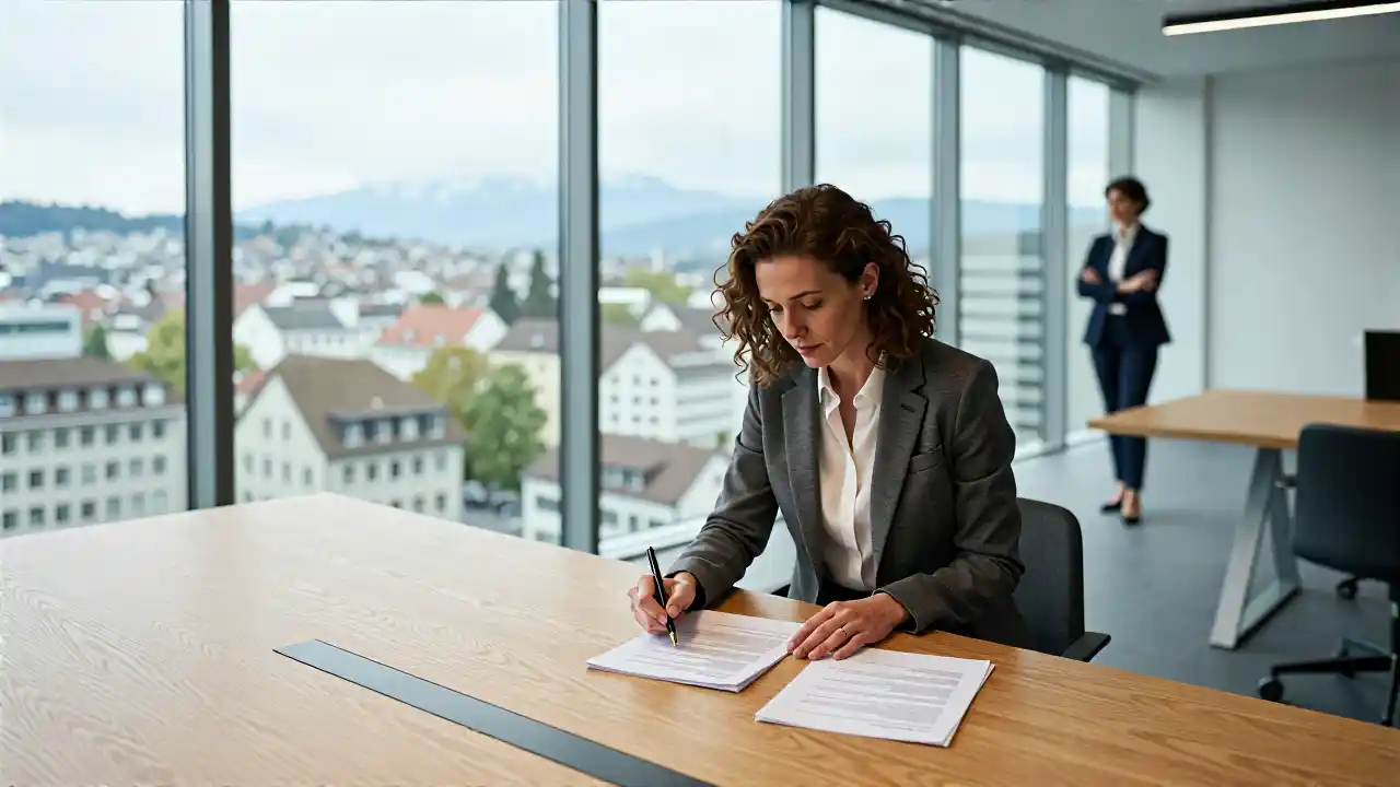 Zurich Büro mit Frau und Blick auf die Stadt