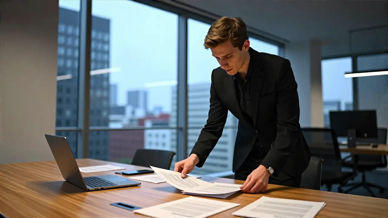 Hochrealistischer Manager in modernem Schweizer Büro mit Cityblick