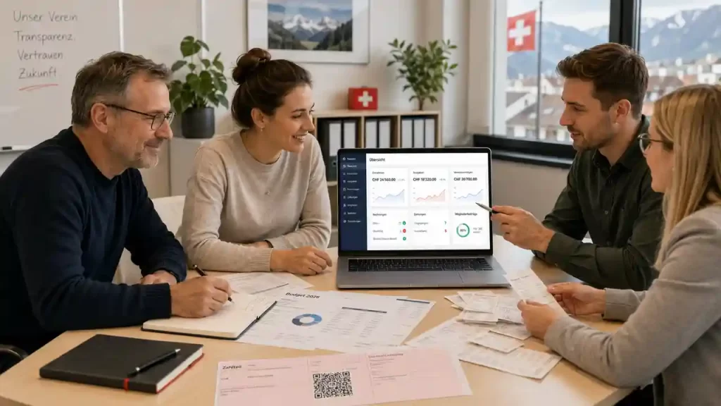 Vorstand eines Schweizer Vereins bespricht die Buchhaltung mit einer Vereinsbuchhaltung Software auf dem Laptop