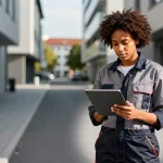 Junger Schweizer Techniker in urbanem Setting mit Tablet