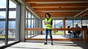 Realistisches Bild: Bauleitung im modernen Büro mit Panorama