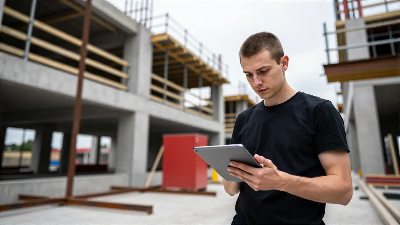 Ingenieur auf Schweizer Baustelle mit rohem Beton