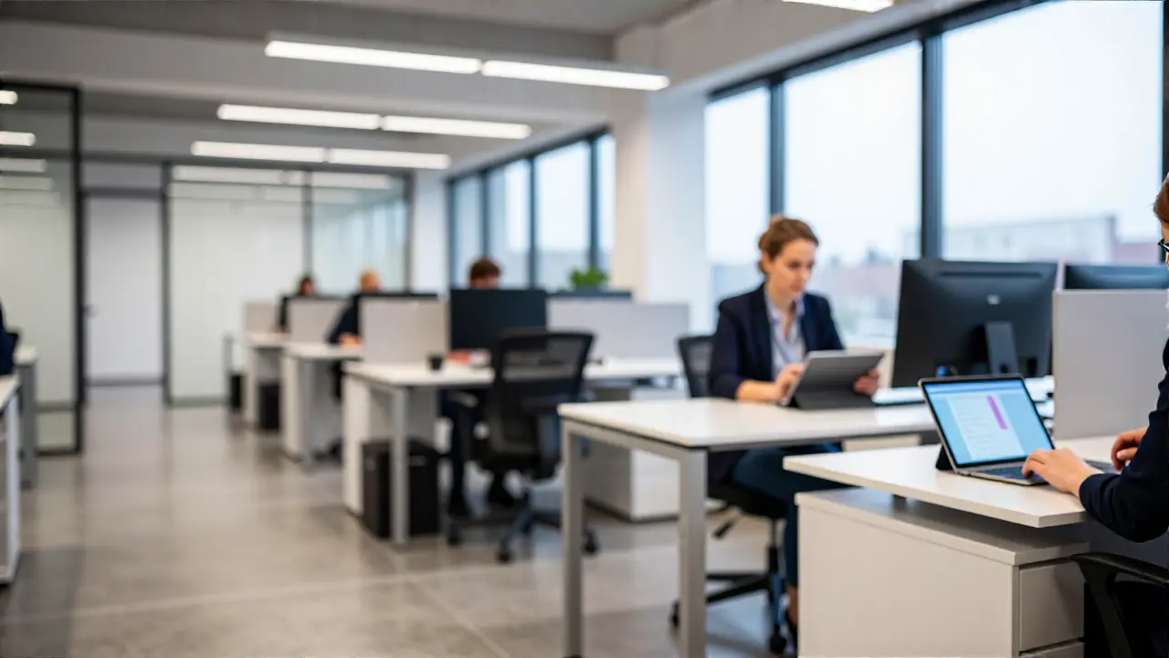 Minimalistisches modernes Büro mit arbeitender Frau