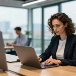 Detailreiche Geschäftsfrau arbeitet realistisch in modernem Großraumbüro